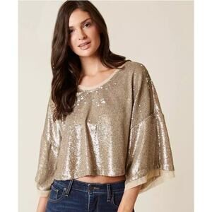 Free People Blouse XS Gold Sequin Cropped Glam Swiftie New Years Bling Holidays